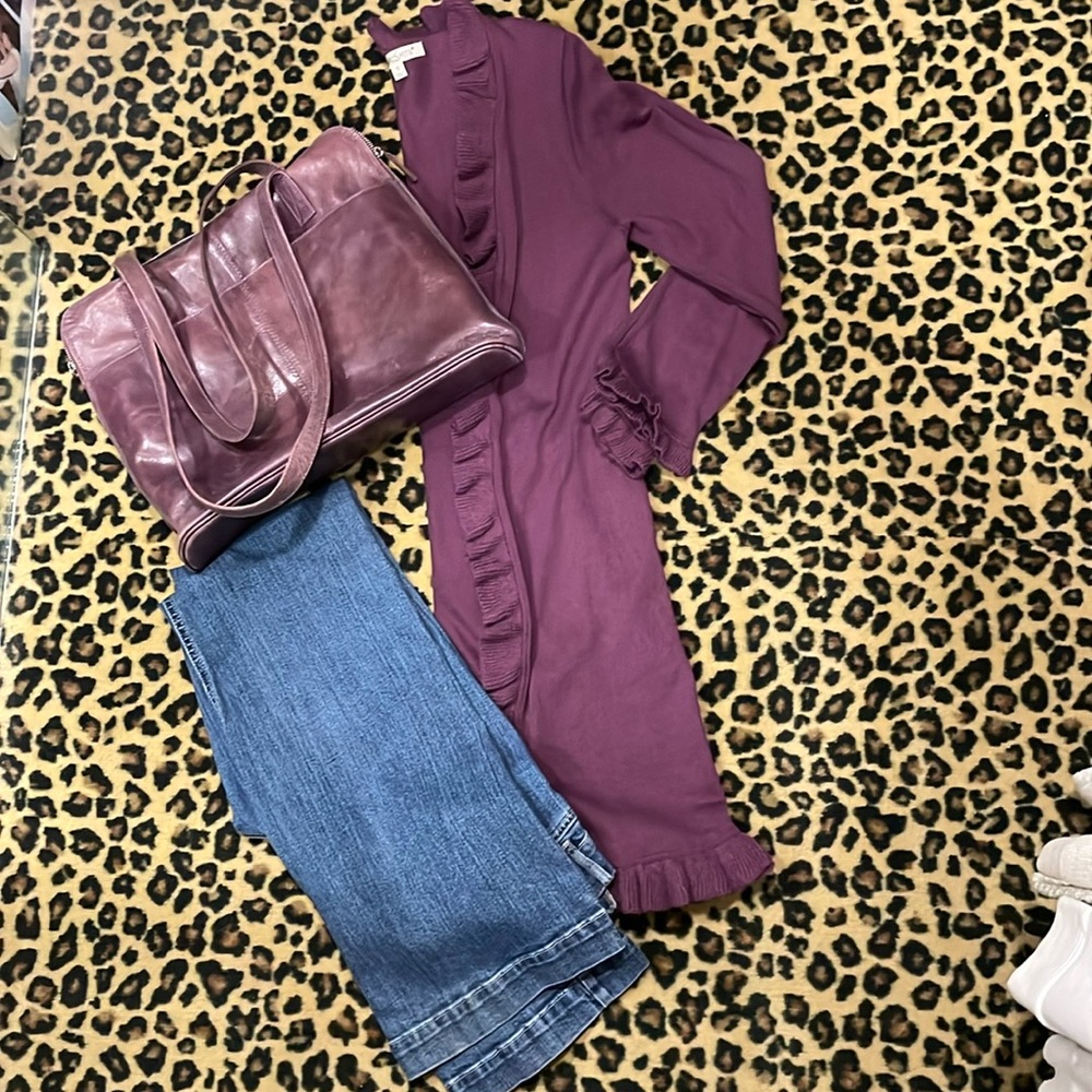 Travelsmith long purple cardigan with ruffle